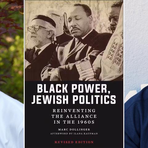 Headshots of Dr. Marc Dollinger and Ilana Kaufman on either side of the book, Black Power, Jewish Politics, cover.